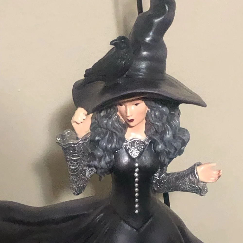 Halloween Goth Witch Figurine Black With Crow, Ruffled Gown, Freestanding